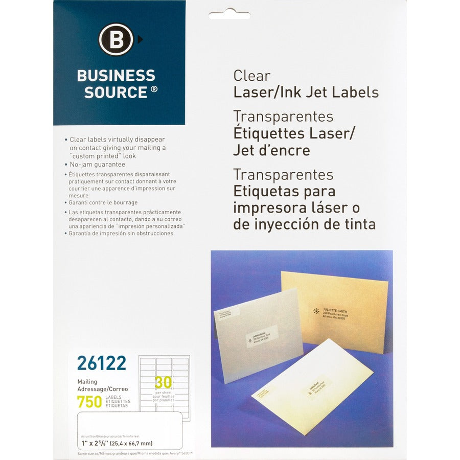 Business Source Mailing Address Labels - 1" Width x 2 3/4" Length - Permanent Adhesive - Rectangle - Laser - Clear - 30 / Sheet - 750 / Pack