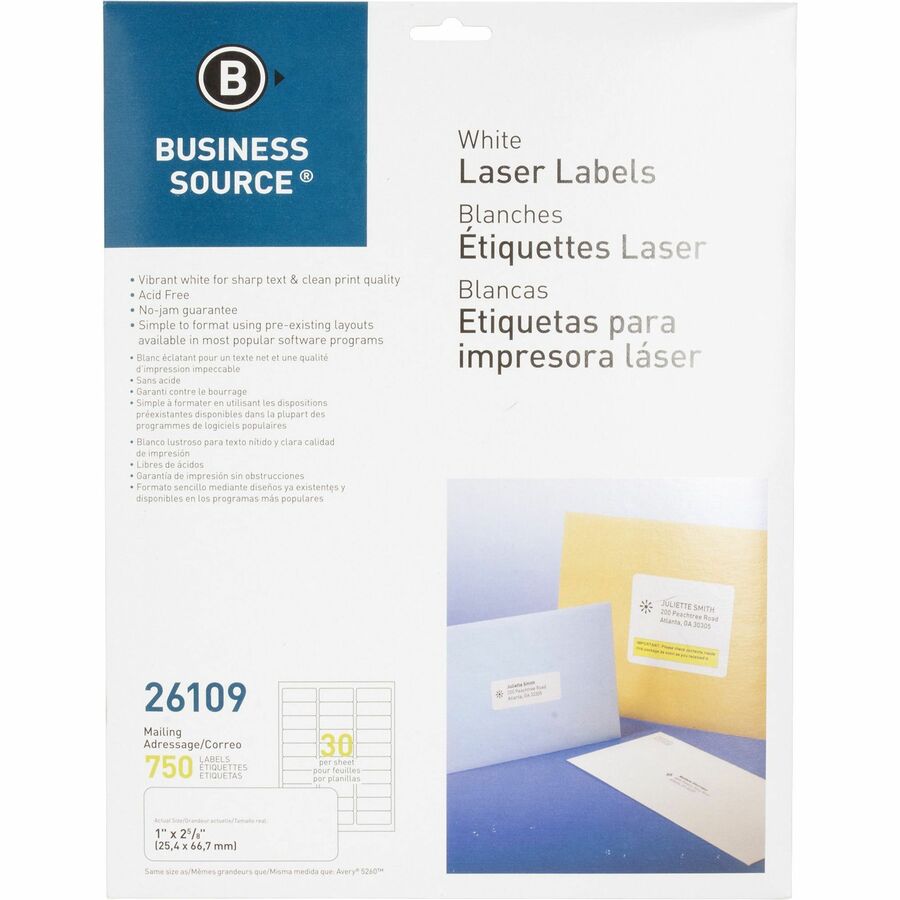 Business Source Bright White Premium-quality Address Labels - 1" Width x 2 5/8" Length - Permanent Adhesive - Rectangle - Laser, Inkjet - White - 30 / Sheet - 25 Total Sheets - 750 / Pack