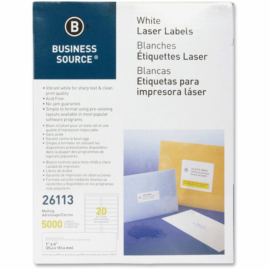 Business Source Bright White Premium-quality Address Labels - 1" Width x 4" Length - Permanent Adhesive - Rectangle - Laser, Inkjet - White - 20 / Sheet - 250 Total Sheets - 5000 / Pack