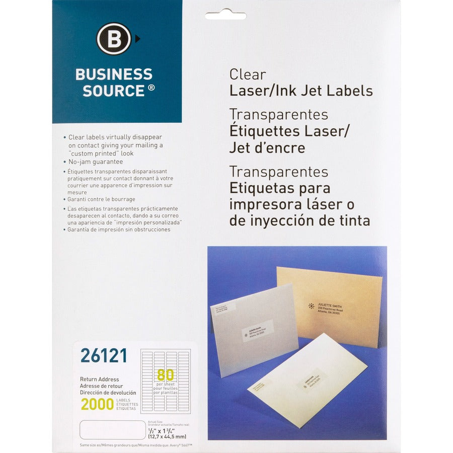 Business Source Clear Return Address Laser Labels - 1/2" Height x 1 3/4" Width - Permanent Adhesive - Rectangle - Laser - Clear - 80 / Sheet - 2000 / Pack