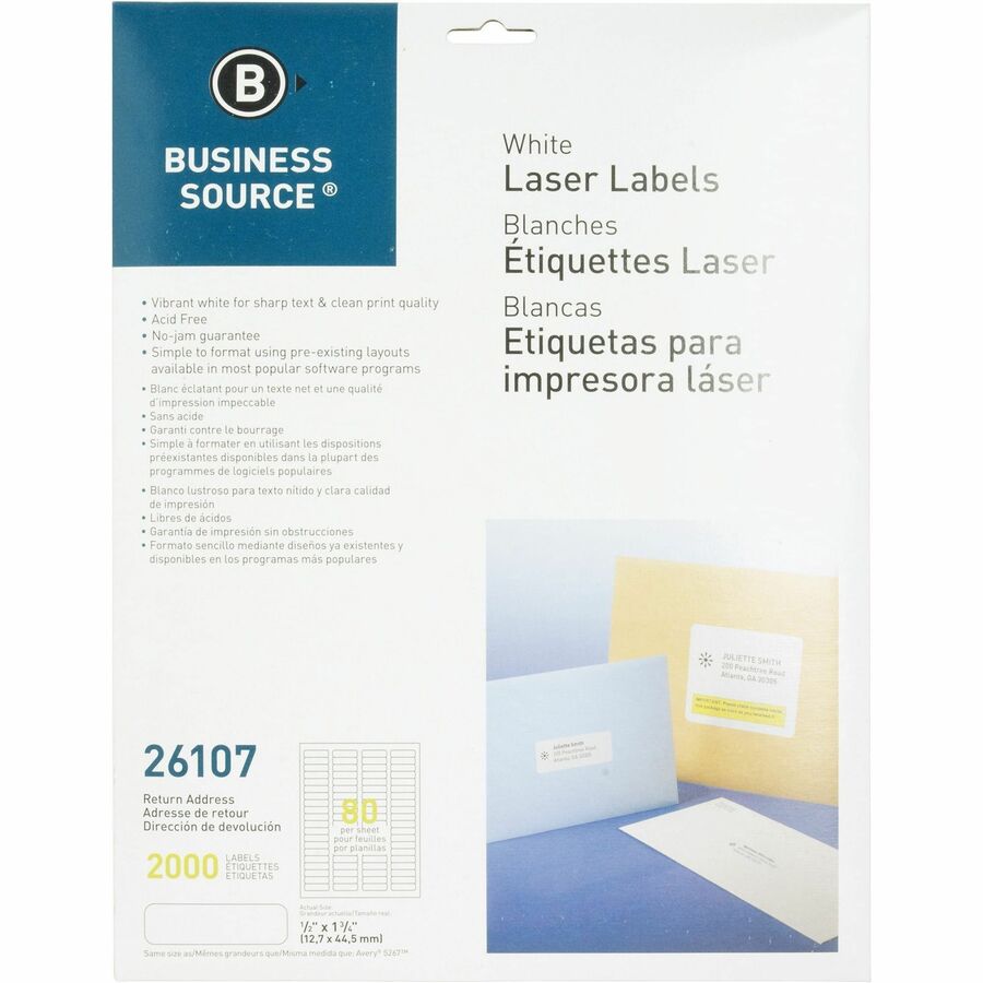 Business Source Address Laser Labels - 1/2" Width x 1 3/4" Length - Permanent Adhesive - Rectangle - Laser - White - 80 / Sheet - 25 Total Sheets - 2000 / Pack