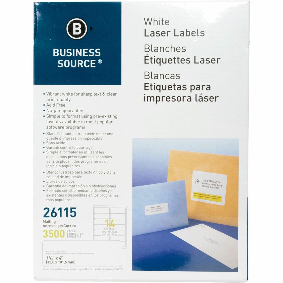 Business Source Bright White Premium-quality Address Labels - 1 1/3" Width x 4" Length - Permanent Adhesive - Rectangle - Laser, Inkjet - White - 14 / Sheet - 250 Total Sheets - 3500 / Pack