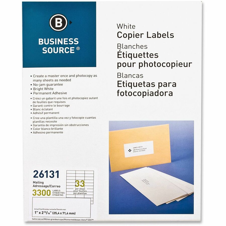 Business Source Bright White Copier Labels - 1" Width x 2 13/16" Length - Rectangle - White - 33 / Sheet - 3300 / Pack