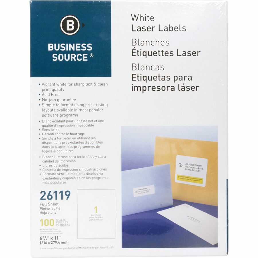 Business Source Address Labels - 8 1/2" Width x 11" Length - Permanent Adhesive - Rectangle - Laser, Inkjet - White - 1 / Sheet - 100 Total Sheets - 100 / Pack