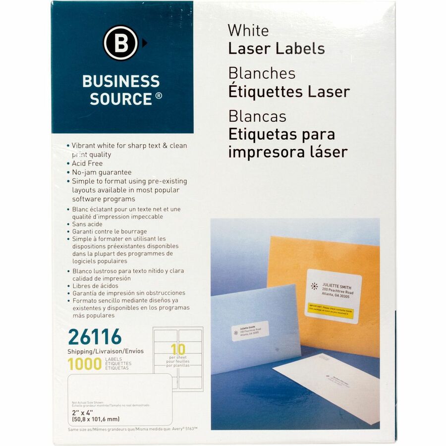 Business Source Bright White Premium-quality Shipping Labels - 2" Width x 4" Length - Permanent Adhesive - Rectangle - Laser, Inkjet - White - 10 / Sheet - 100 Total Sheets - 1000 / Pack