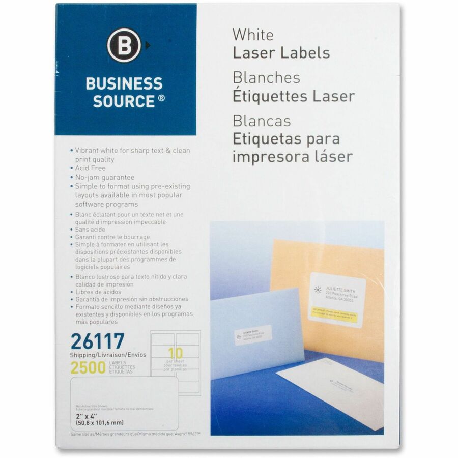 Business Source Bright White Premium-quality Shipping Labels - 2" Width x 4" Length - Permanent Adhesive - Rectangle - Laser, Inkjet - White - 10 / Sheet - 250 Total Sheets - 2500 / Pack