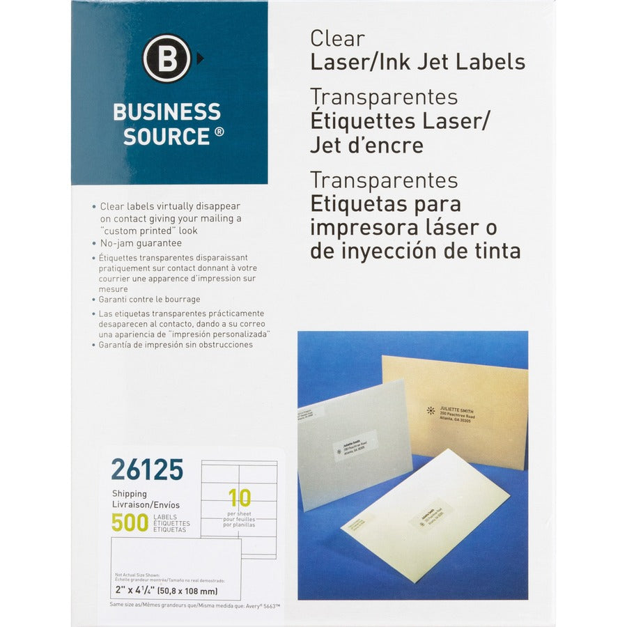 Business Source Clear Shipping Labels - 2" Width x 4 1/4" Length - Permanent Adhesive - Rectangle - Laser - Clear - 10 / Sheet - 500 / Pack