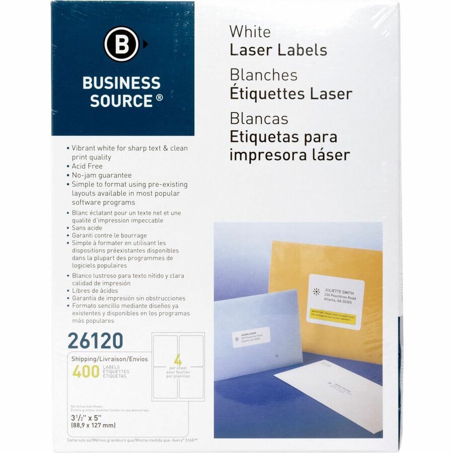 Business Source Bright White Premium-quality Address Labels - 3 1/2" Width x 5" Length - Permanent Adhesive - Rectangle - Laser, Inkjet - White - 4 / Sheet - 100 Total Sheets - 400 / Pack