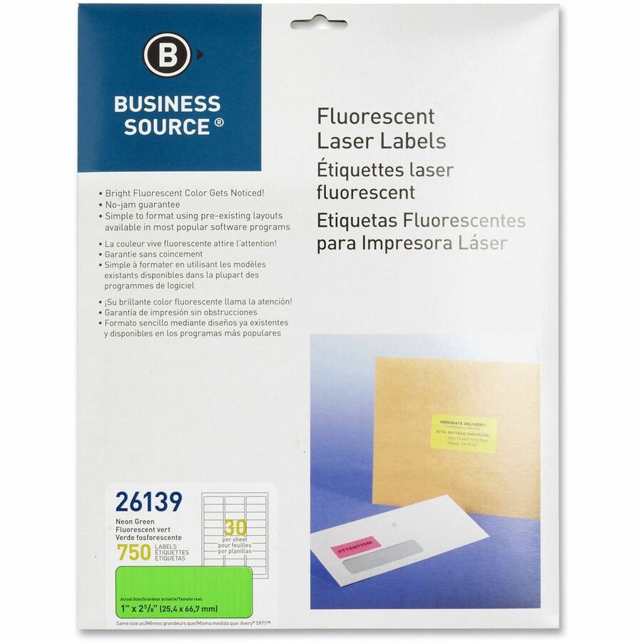 Business Source Neon Labels - 1" Width x 2 5/8" Length - Permanent Adhesive - Rectangle - Laser - Neon Green - 30 / Sheet - 750 / Pack