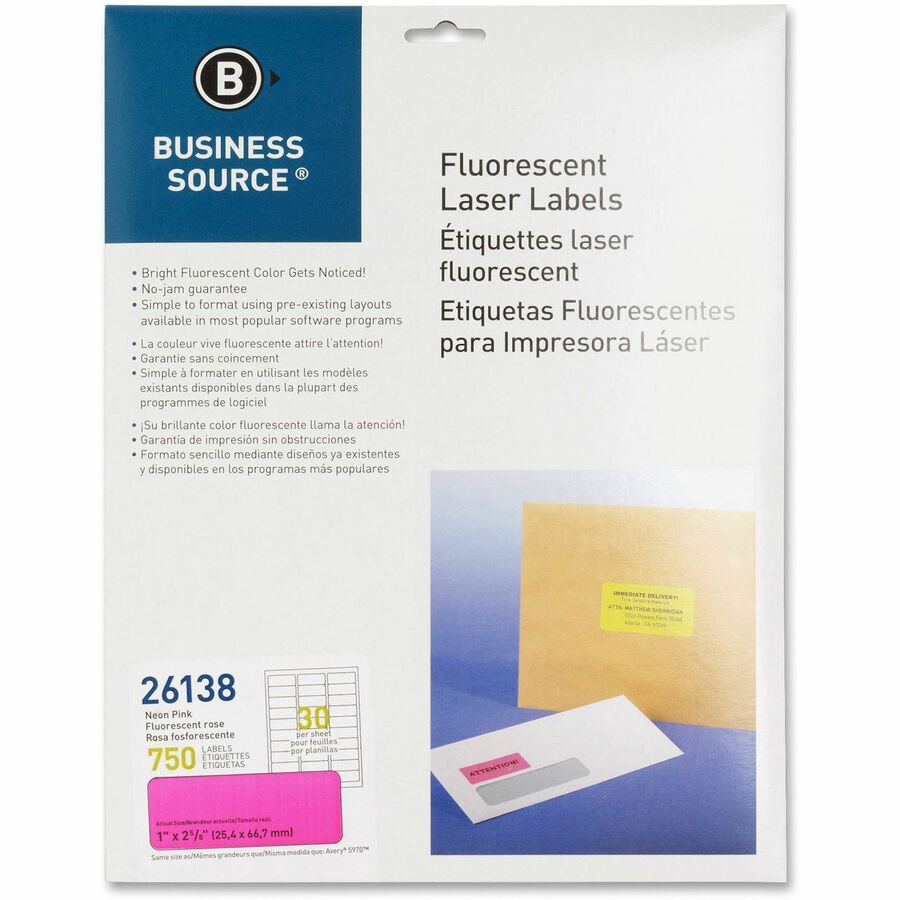 Business Source Neon Labels - 1" Width x 2 5/8" Length - Permanent Adhesive - Rectangle - Laser - Neon Pink - 30 / Sheet - 750 / Pack