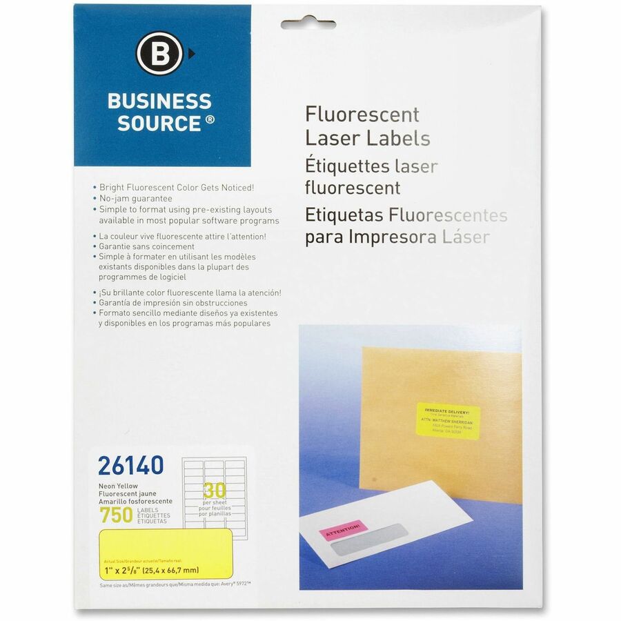 Business Source Neon Labels - 1" Width x 2 5/8" Length - Permanent Adhesive - Rectangle - Laser - Neon Yellow - 30 / Sheet - 750 / Pack