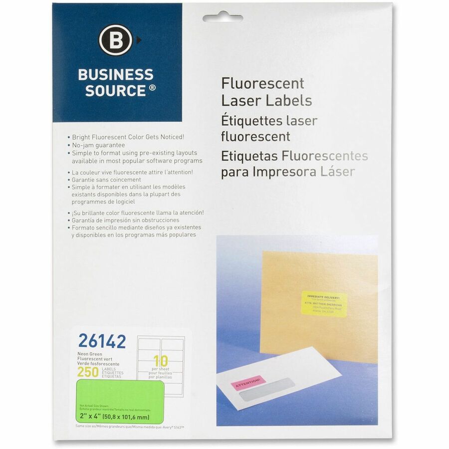 Business Source Neon Labels - 2" Width x 4" Length - Permanent Adhesive - Rectangle - Laser - Neon Green - 10 / Sheet - 250 / Pack