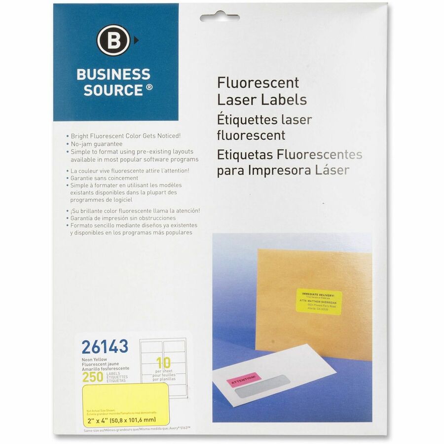 Business Source Neon Labels - 2" Width x 4" Length - Permanent Adhesive - Rectangle - Laser - Neon Yellow - 10 / Sheet - 250 / Pack