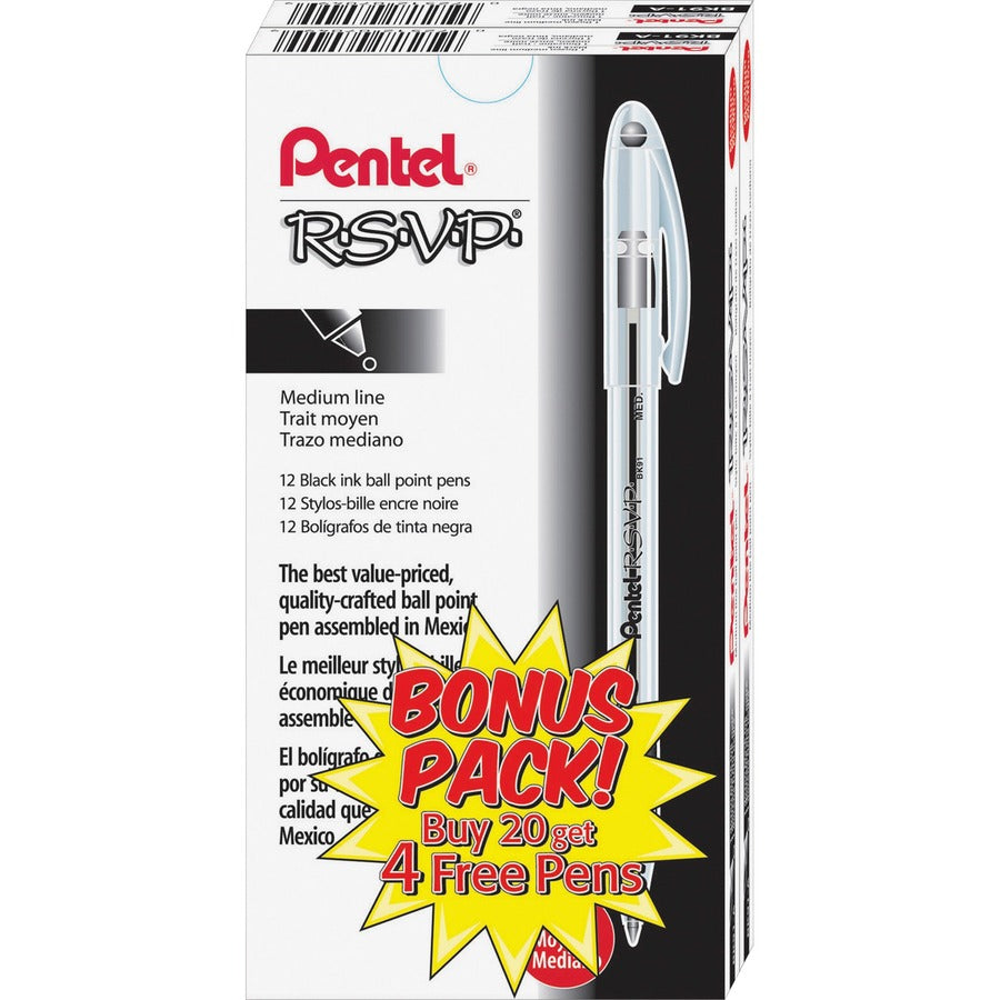 Pentel R.S.V.P. Ballpoint Stick Pens - Refillable - Black Ink - Clear Barrel - Stainless Steel Tip - 24 / Pack