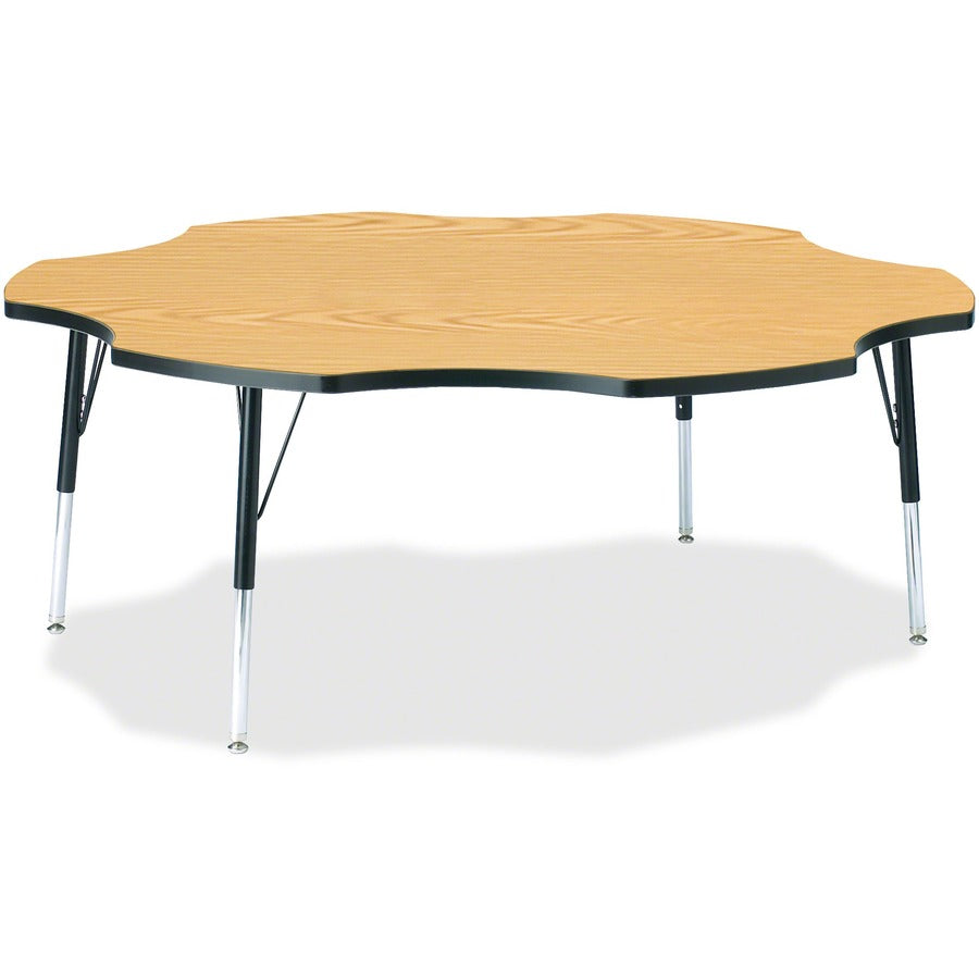 Jonti-Craft Berries Elementary Black Edge Six-leaf Table - Black Oak, Laminated Top - Four Leg Base - 4 Legs - Height Adjustable - 15" to 24" Adjustment x 1.13" Table Top Thickness x 60" Table Top Diameter - 24" Height - Educational Environment - Assem...