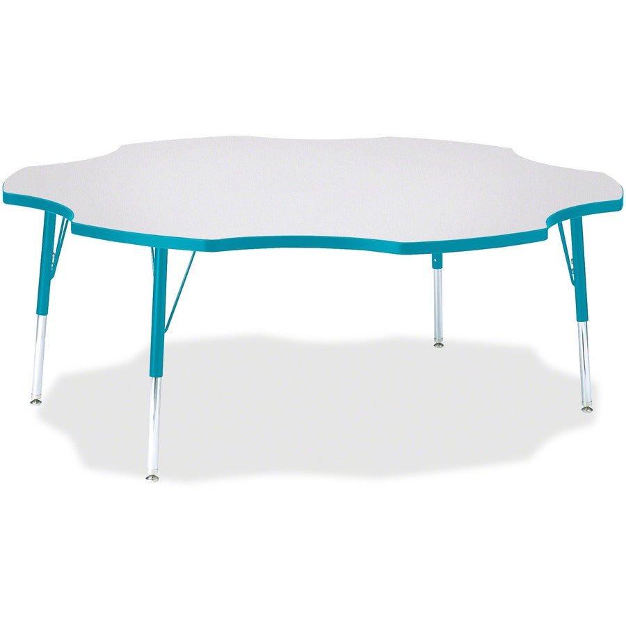 Jonti-Craft Berries Elementary Height Prism Six-Leaf Table - Laminated, Teal Top - Four Leg Base - 4 Legs - Height Adjustable - 15" to 24" Adjustment x 1.13" Table Top Thickness x 60" Table Top Diameter - 24" Height - Educational Environment - Assembly...