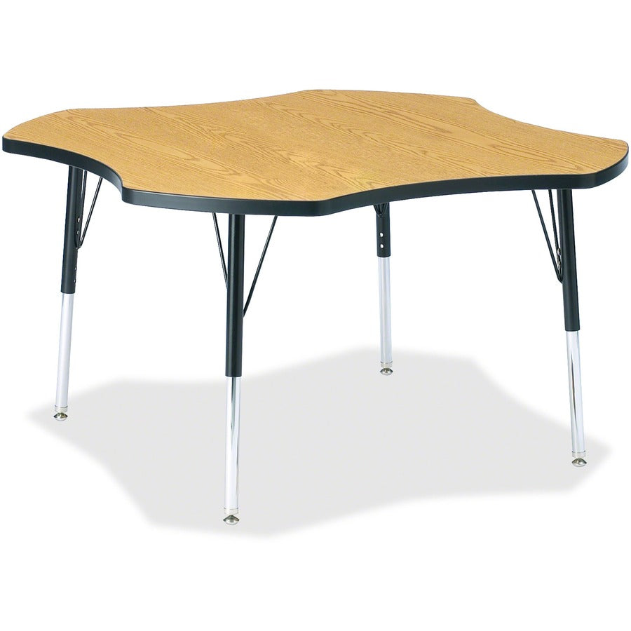 Jonti-Craft Berries Elementary Black Edge Four-leaf Table - Black Oak, Laminated Top - Four Leg Base - 4 Legs - Height Adjustable - 15" to 24" Adjustment x 1.13" Table Top Thickness x 48" Table Top Diameter - 24" Height - Educational Environment - Asse...