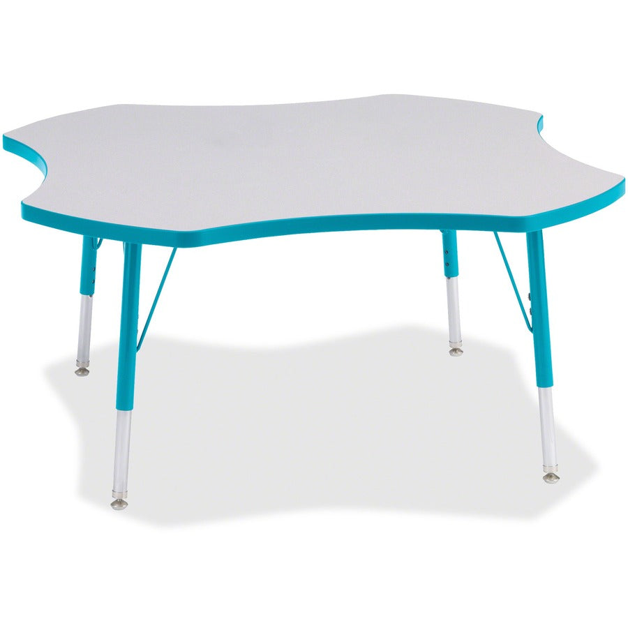 Jonti-Craft Berries Elementary Height Prism Four-Leaf Table - Laminated, Teal Top - Four Leg Base - 4 Legs - Height Adjustable - 15" to 24" Adjustment x 1.13" Table Top Thickness x 48" Table Top Diameter - 24" Height - Educational Environment - Assembl...