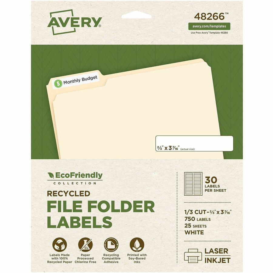 Avery®, EcoFriendly File Folder Label - 21/32" Width x 3 7/16" Length - Permanent Adhesive - Rectangle - Inkjet, Laser - Matte White - Matte - Paper - 30 / Sheet - 30 Total Sheets - 750 Total Label(s) - 750 / Pack