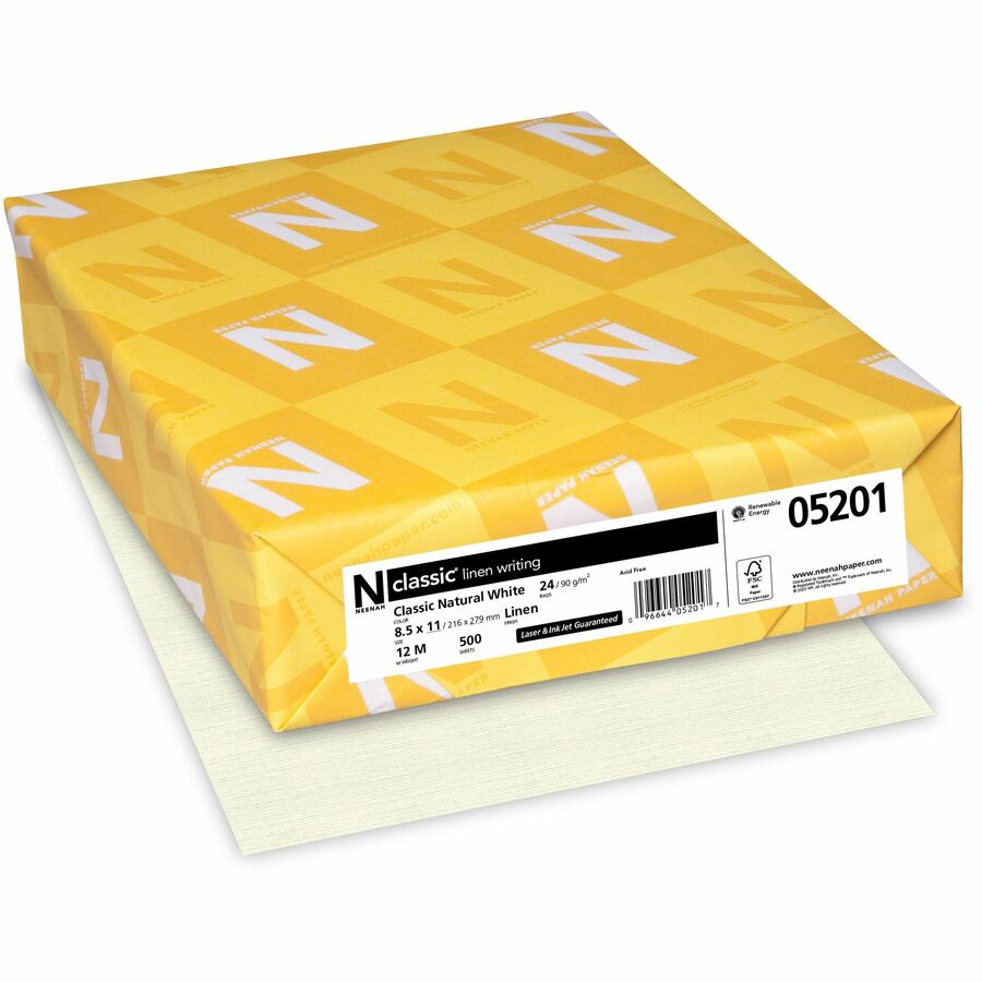 Classic Premium Paper - White - Letter - 8 1/2" x 11" - 24 lb Basis Weight - Linen - Watermarked, Acid-free, Ream-wrapped, No Cotton Content - Natural White - 1 Ream