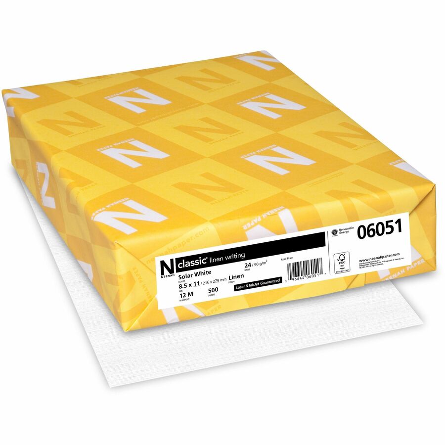 Classic Premium Paper - White - Letter - 8 1/2" x 11" - 24 lb Basis Weight - Linen - Watermarked, No Cotton Content, Acid-free, Ream-wrapped - Solar White - 1 Ream