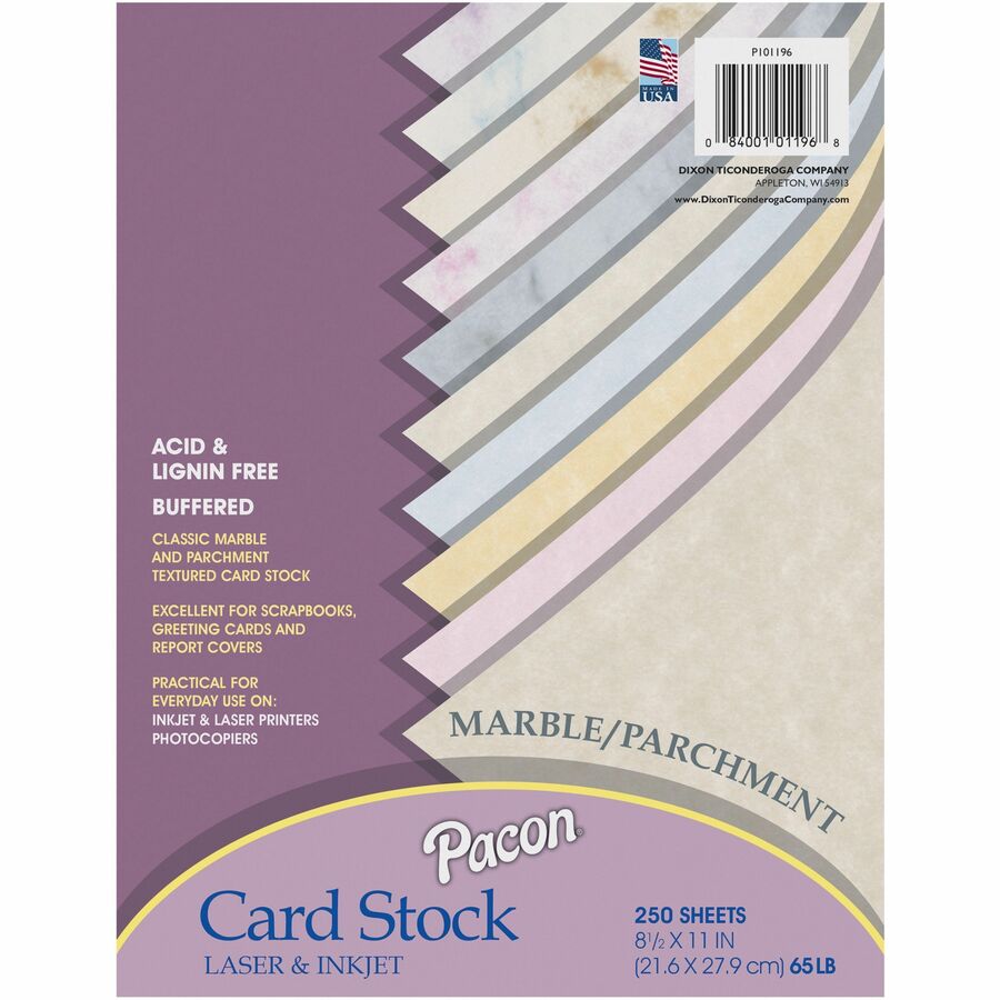 Pacon Marble/Parchment Cardstock Sheets - Assorted - Letter - 8 1/2" x 11" - 65 lb Basis Weight - Textured, Parchment, Marble - Heavyweight, Acid-free, Lignin-free, Recyclable, Buffered, Archival-safe - Blue, Gray, Cherry, Tan, Lilac, Natural, Gold, Pi...