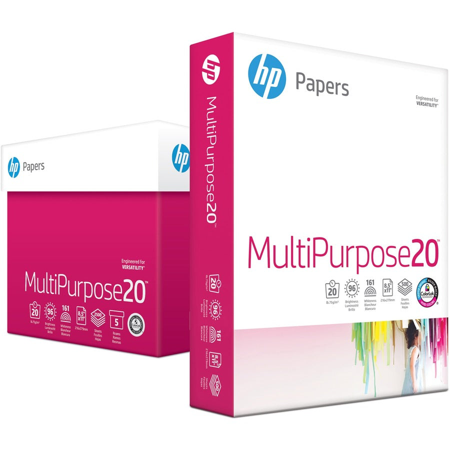 HP Papers Multipurpose20 Copy Paper - White - 96 Brightness - Letter - 8 1/2" x 11" - 20 lb Basis Weight - Smooth - Sustainable Forestry Initiative (SFI) - Smear Resistant, Acid-free, Archival-safe, ColorLok Technology - Bright White - 500 Sheets per R...