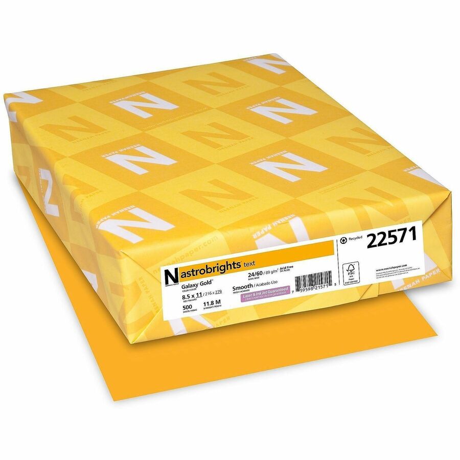 Astrobrights Color Copy Paper - Galaxy Gold - Letter - 8 1/2" x 11" - 24 lb Basis Weight - Smooth - Green Seal - Acid-free, Lignin-free - Gold - 1 Ream