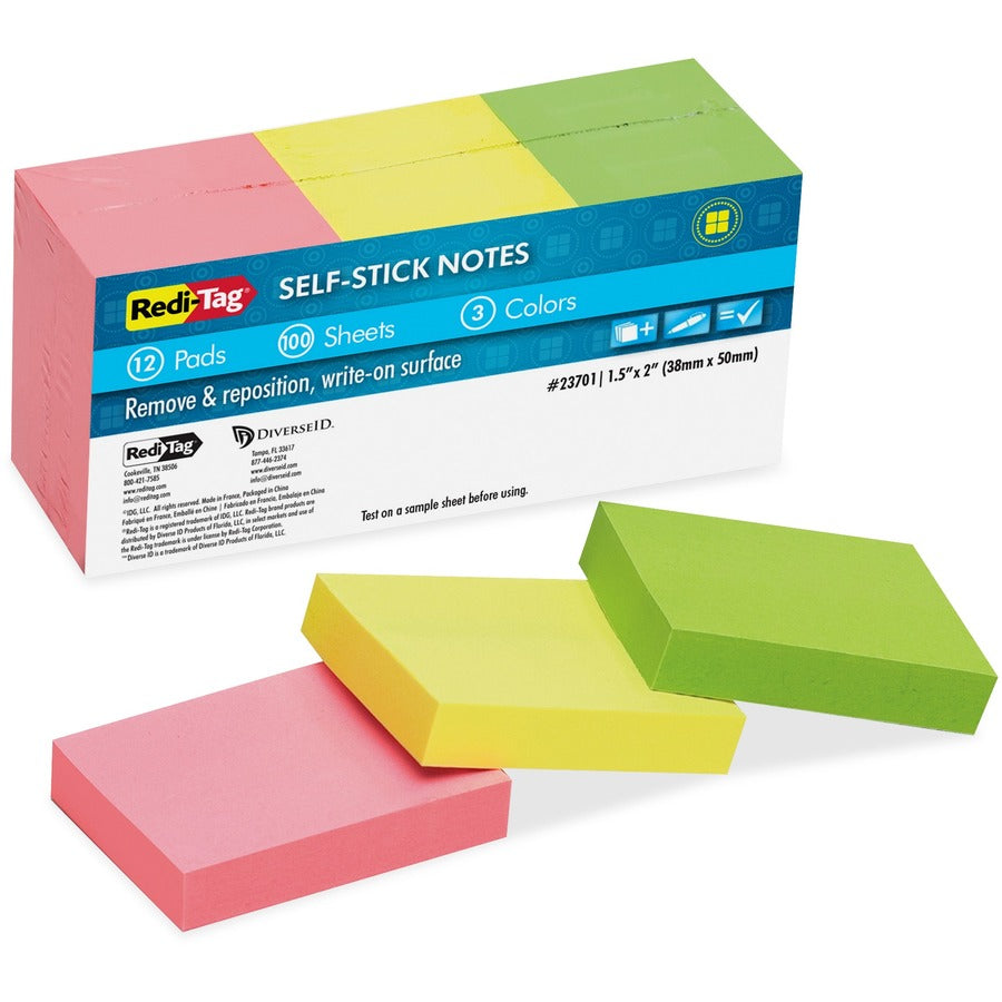 Redi-Tag Self-Stick Recycled Neon Notes - 400 x Neon Pink, 400 x Neon Green, 400 x Neon Yellow - 1 1/2" Flag/Note Width x 2" Flag/Note Length - Rectangle - 100 Sheets per Pad - Neon Pink, Neon Yellow, Neon Green - Self-stick, Solvent-free Adhesive, Wat...