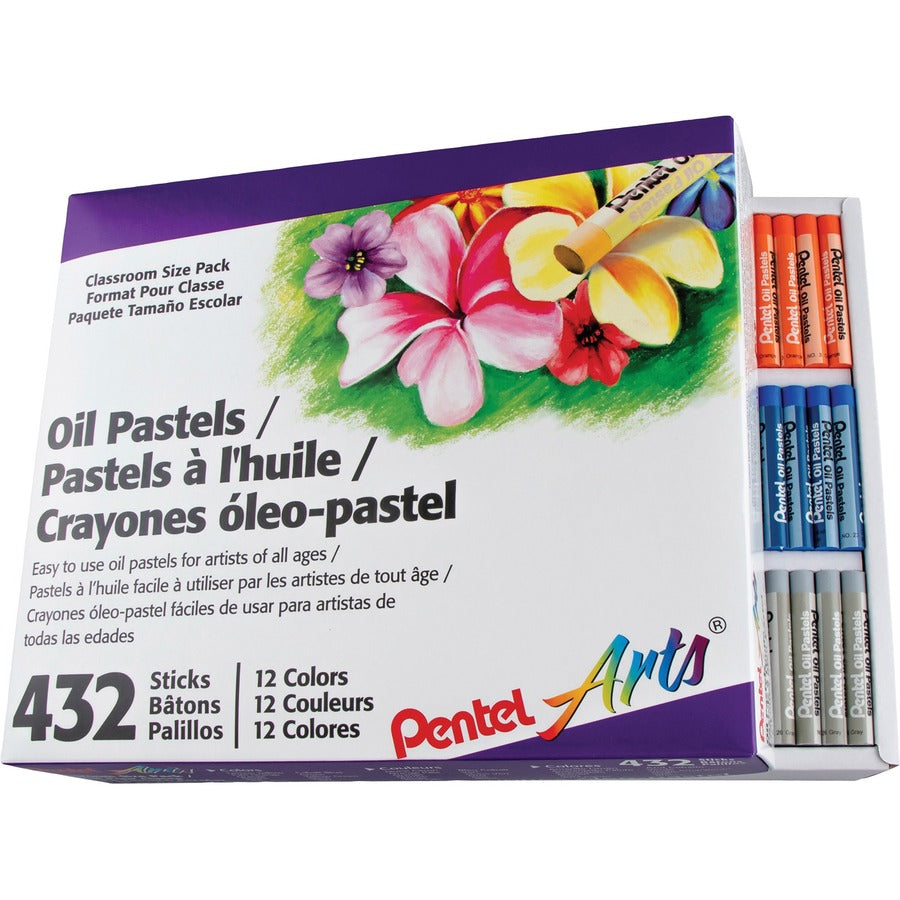 Pentel Oil Pastels - 2.4" Length x 0.4" Diameter - Black, Brown, Cobalt Blue, Gray, Green, Orange, White, Red, Pale Blue, Pale Orange, Lime Yellow, ... - 432 / Box