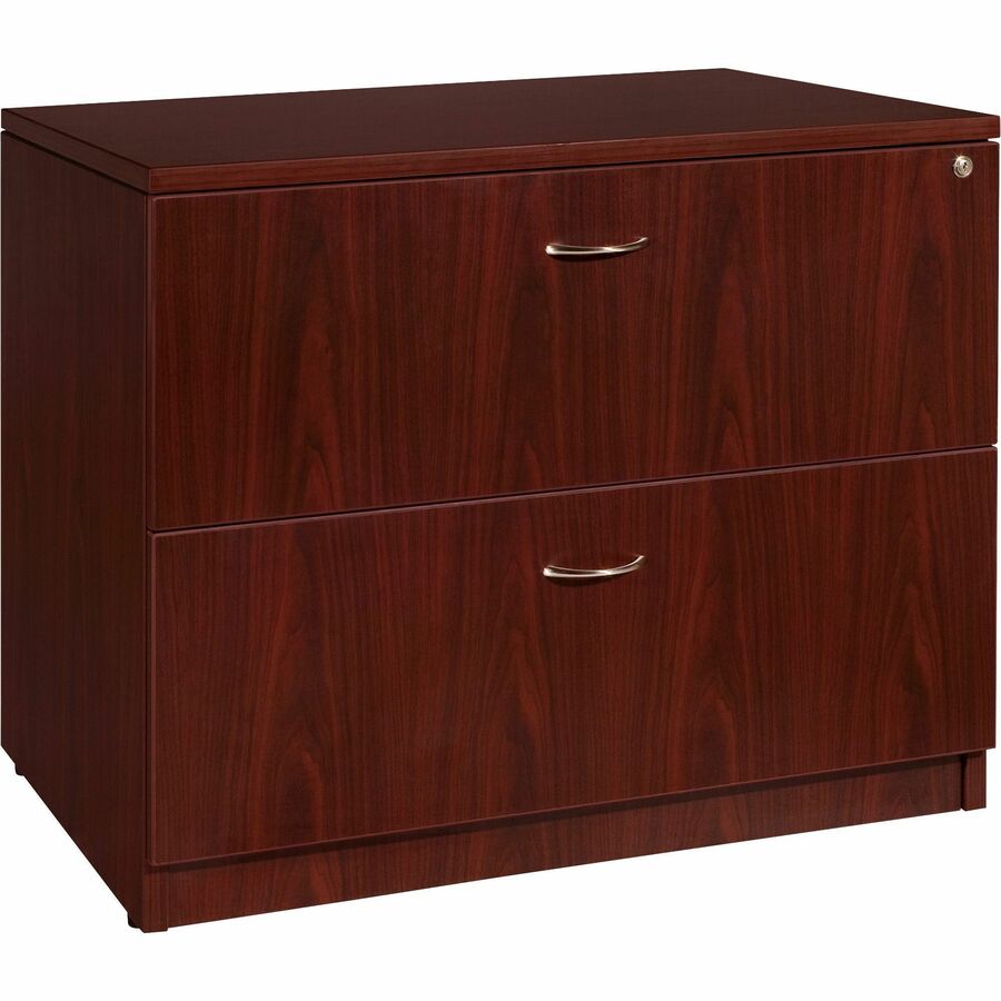 Lorell Essentials Series Lateral File - 29.5" Height x 35.5" Width x 22" Depth x 1" Thickness - Total Drawer(s): 2 - Finish: Laminate, Mahogany - Lockable Drawer, Leveling Glide, Durable, Ball-bearing Suspension, Lockable Drawer - 1 Each
