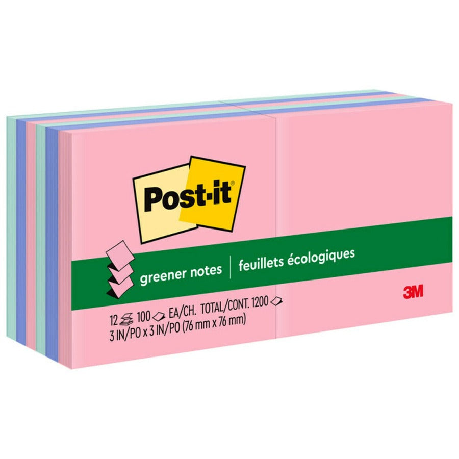 Post-it®, Greener Dispenser Notes - Sweet Sprinkles Color Collection - 1200 - 3" Flag/Note Width x 3" Flag/Note Length - Square - 100 Sheets per Pad - Unruled - Positively Pink, Fresh Mint, Moonstone - Paper - Repositionable, Pop-up - Recycled - 12...