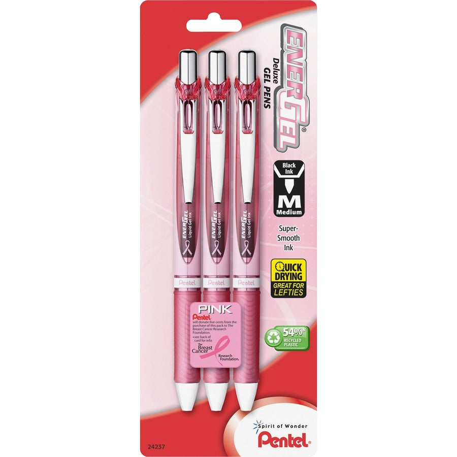 EnerGel EnerGel Pink BCA Ribbon RTX Liquid Gel Pens - Refillable - Retractable - Black Ink - Gel-based - Pink Barrel - Metal Tip - 3 / Pack