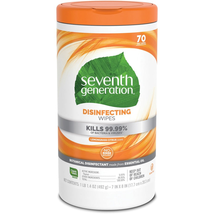 Seventh Generation Disinfecting Cleaner - Lemongrass Citrus Scent - 8" Length x 7" Width - Deodorize - White - 70/Tub - 1 Each
