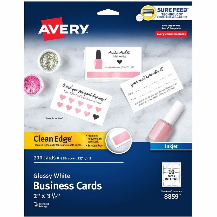 Avery®, Clean Edge Business Cards, 2" x 3.5" , Glossy, 200 (08859) - 110 Brightness - A4 - 8 1/2" x 11" - 83 lb Basis Weight - 227 g/m², Grammage - Glossy - Heavyweight, Rounded Corner, Smooth Edge, Jam-free, Smudge-free, Double-sided, Printable...