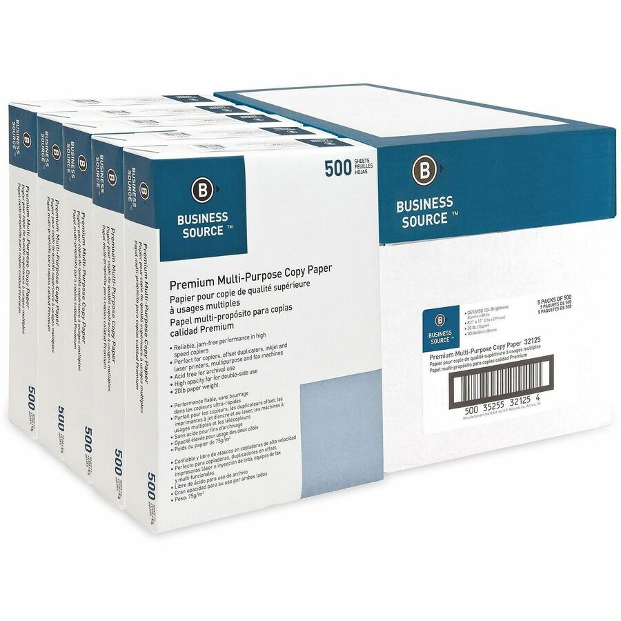 Business Source Premium Multipurpose Copy Paper - White - 92 Brightness - Letter - 8 1/2" x 11" - 20 lb Basis Weight - Acid-free - White - 2500 Sheets - 500 Sheets per Ream - 5 / Carton