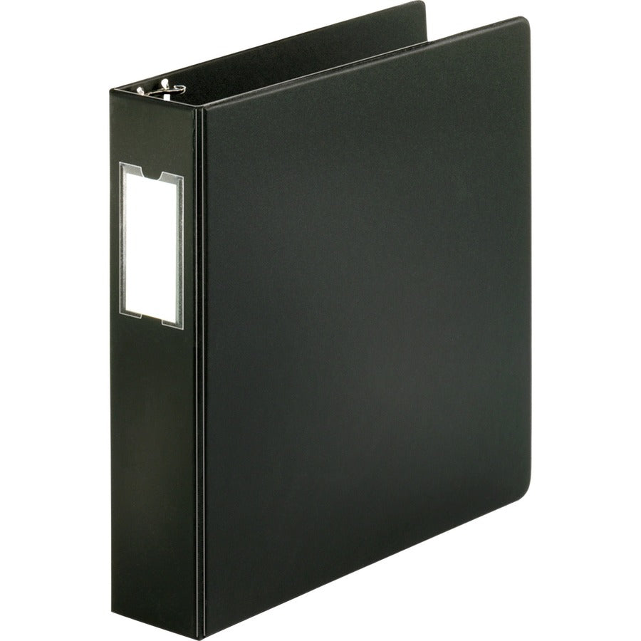 Business Source Basic Round Ring Binder w/Label Holder - 2" Binder Capacity - Letter - 8 1/2" x 11" Sheet Size - 3 Ring - Fastener: Round Ring - Vinyl - Black - Open and Closed Triggers, Label Holder - 1 Each