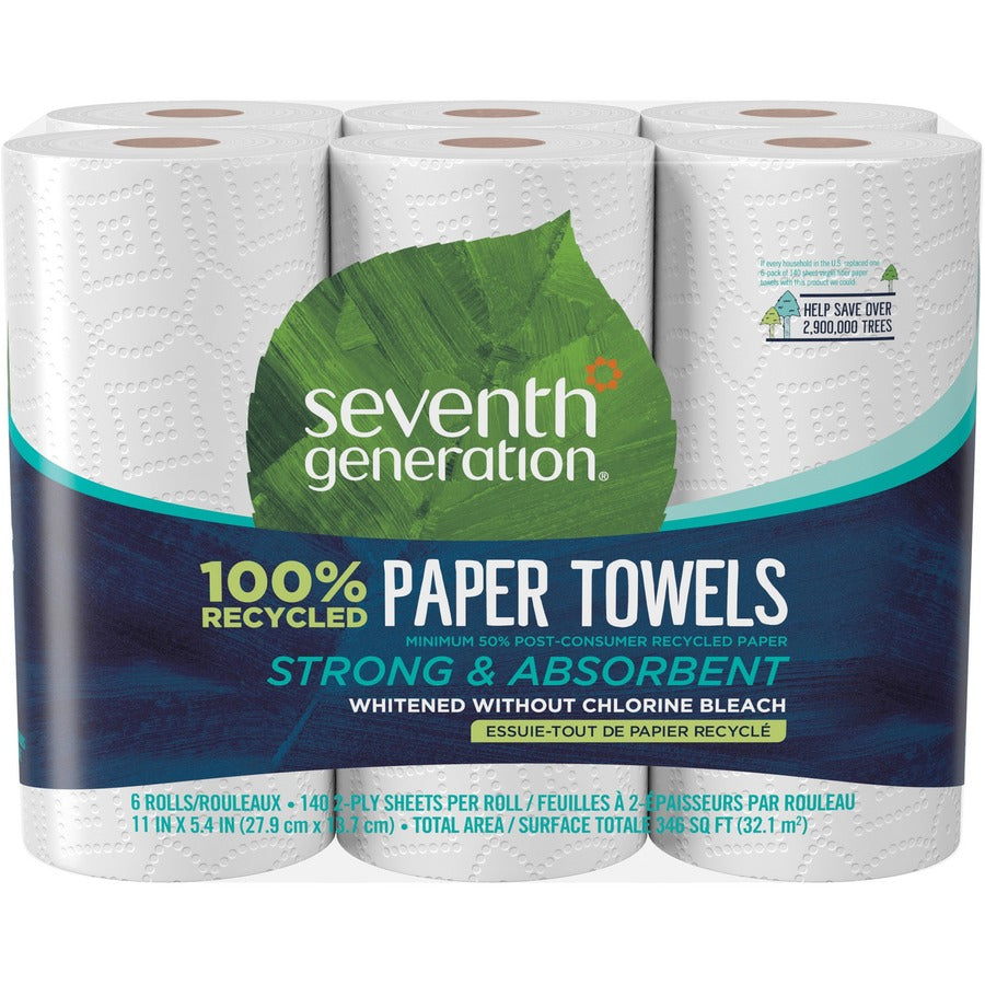 Seventh Generation 100% Recycled Paper Towels - 2 Ply - 11" Width x 5.40" Length - 140 Sheets/Roll - White - Paper - 1 Pack