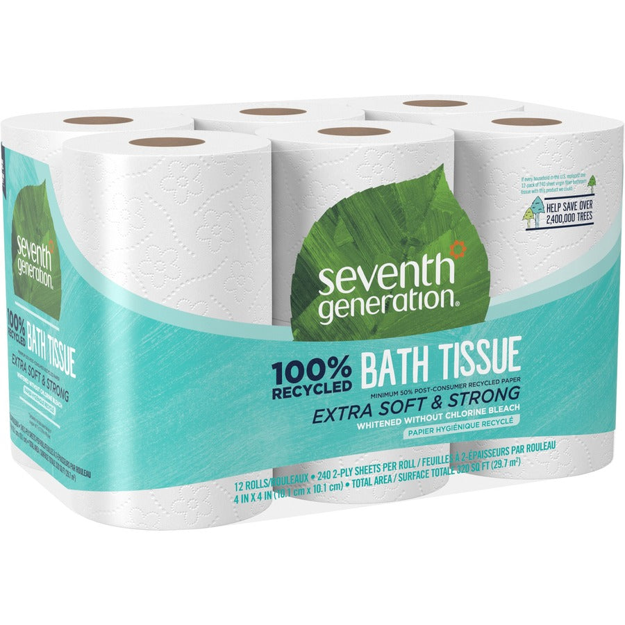 Seventh Generation 100% Recycled Bathroom Tissue - 2 Ply - 4" Width x 4" Length - 240 Sheets/Roll - White - Paper - 1 Pack