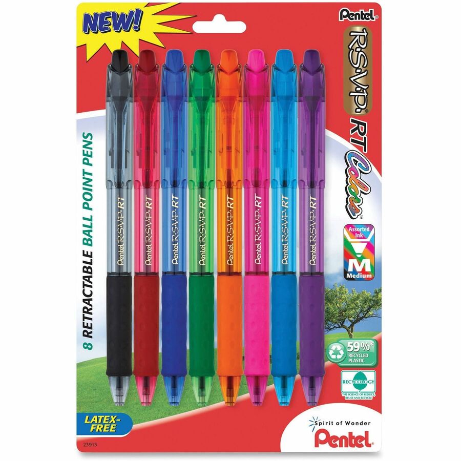 Pentel Recycled Retractable R.S.V.P. Colors Pens - Refillable - Retractable - Assorted Ink - Assorted Barrel - Metal, Stainless Steel Tip - 8 / Pack