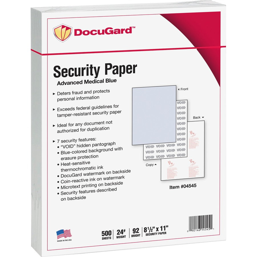 DocuGard Advanced Medical Security Paper - Letter - 8 1/2" x 11" - 24 lb Basis Weight - Tamper Resistant, Watermarked, CMS Approved - Blue - 1 Ream