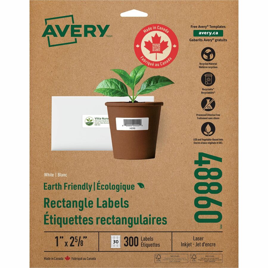 Avery Earth-Friendly White Rectangle Labels - 1" Height x 2 5/8" Width - Permanent Adhesive - Rectangle - Laser, Inkjet - Matte White - Paper - 30 / Sheet - 1 Carton