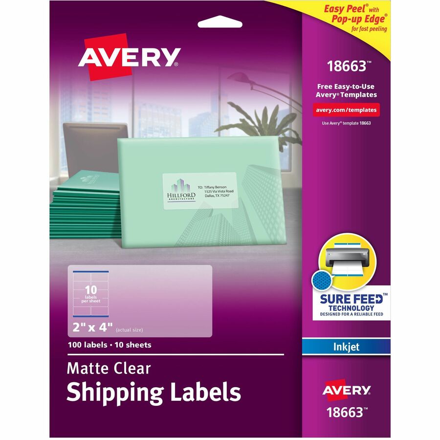 Avery®, Shipping Labels, Sure Feed, 2" x 4" , 100 Clear Labels (18663) - 2" Width x 4" Length - Permanent Adhesive - Rectangle - Inkjet - Matte Clear - Matte - Film - 10 / Sheet - 10 Total Sheets - 100 Total Label(s) - 100 / Pack