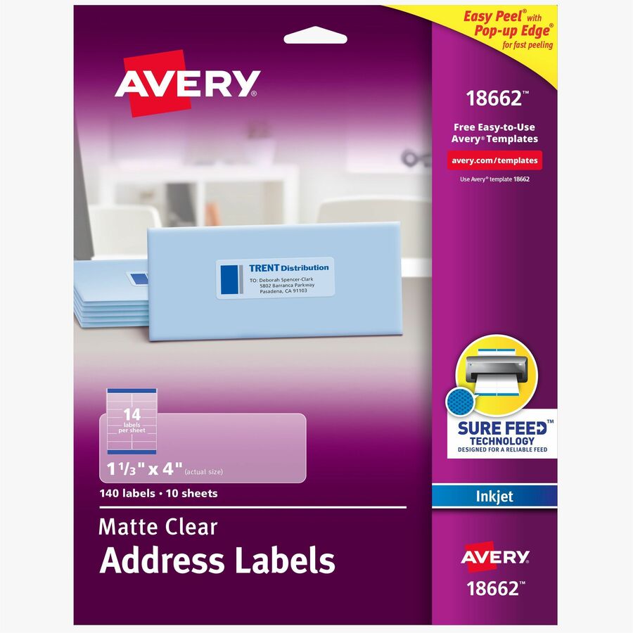 Avery®, Easy Peel Inkjet Printer Mailing Labels - 1 21/64" Width x 4" Length - Permanent Adhesive - Rectangle - Inkjet - Matte Clear - Matte - Film - 14 / Sheet - 14 Total Sheets - 140 Total Label(s) - 140 / Pack