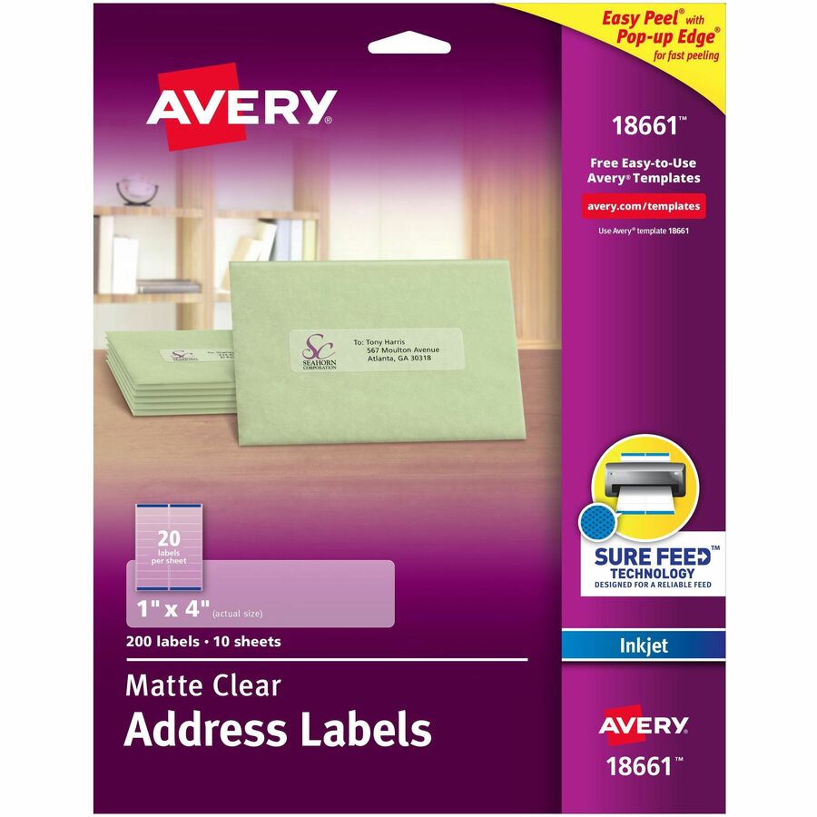 Avery®, Easy Peel Inkjet Printer Mailing Labels - 1" Width x 4" Length - Permanent Adhesive - Rectangle - Inkjet - Matte Clear - Matte - Film - 20 / Sheet - 20 Total Sheets - 200 Total Label(s) - 200 / Pack