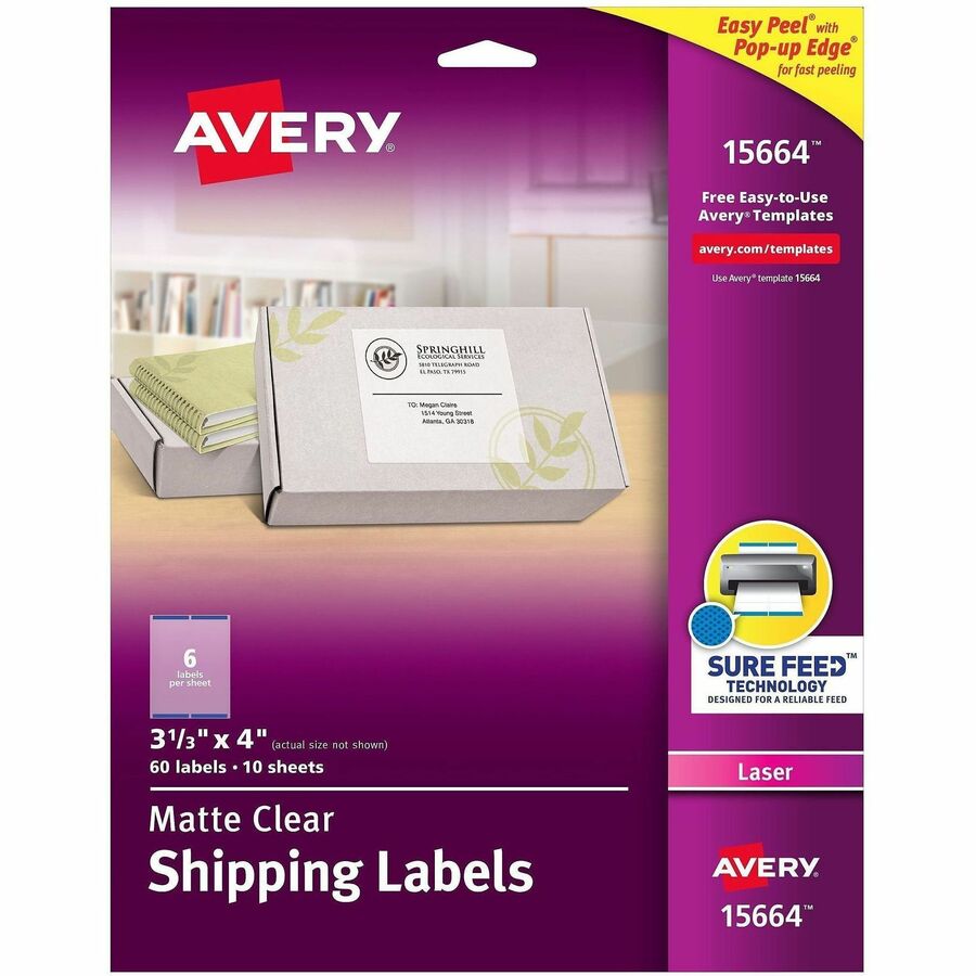 Avery®, Clear Shipping Labels, Sure Feed, 3-1/3" x 4" , 60 Labels (15664) - x 3 21/64" Width x 4" Length - Permanent Adhesive - Rectangle - Laser - Matte - Clear - Film - 6 / Sheet - 10 Total Sheets - 60 Total Label(s) - For Label Printer - 60 / Pack