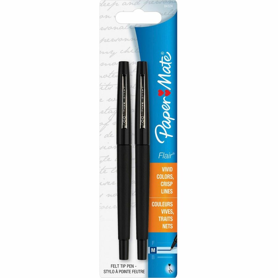 Paper Mate Flair Point Guard Felt Tip Marker Pens - 0.7 mm Pen Point - Black Ink - Water Based - Black Barrel - 2 / Pack