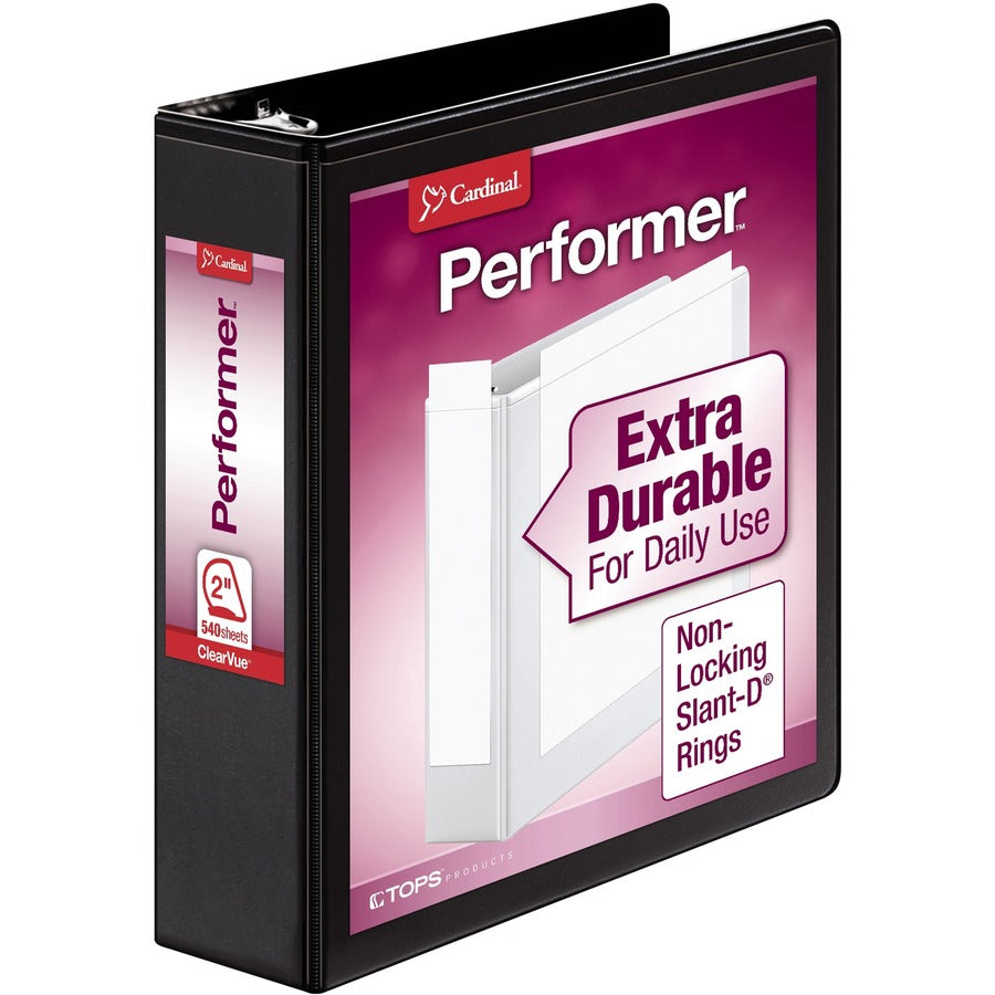 Cardinal®, Performer ClearVue Slant-D Ring Binder - 2" Binder Capacity - Letter - 8 1/2" x 11" Sheet Size - 540 Sheet Capacity - 2 1/2" Spine Width - 3 Ring - Fastener: D-Ring - Pocket: 2, Inside Front & Back - Vinyl - Black - 1.40 lb - Label Holder...