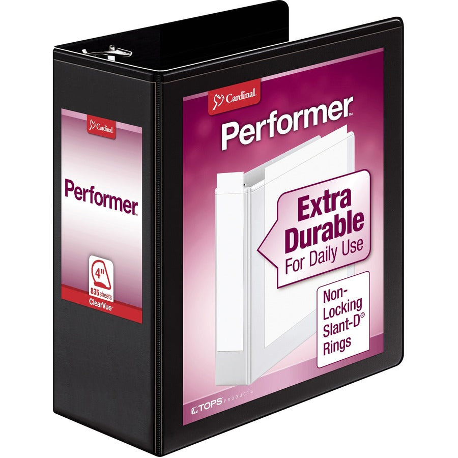 Cardinal®, Performer ClearVue Slant-D Ring Binder - 4" Binder Capacity - Letter - 8 1/2" x 11" Sheet Size - 835 Sheet Capacity - 3 3/5" Spine Width - 3 Ring - Fastener: D-Ring - Pocket: 2, Inside Front & Back - Vinyl - Black - 2.14 lb - Label Holder...