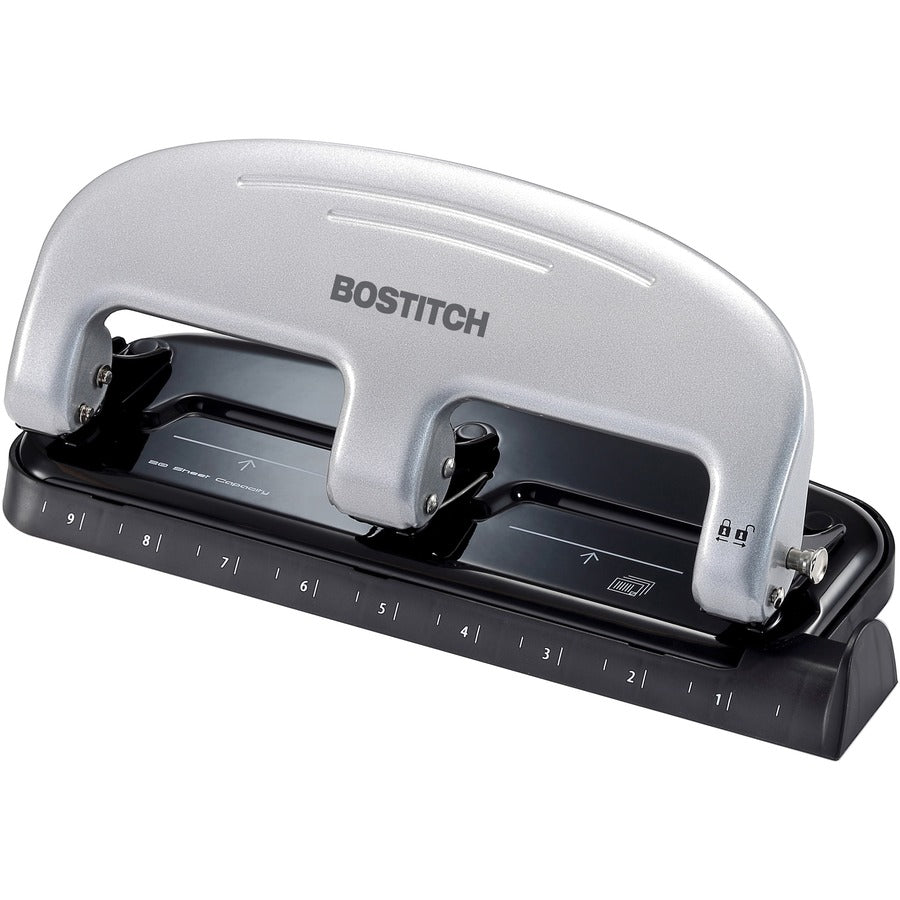 Bostitch EZ Squeeze™, 20 Three-Hole Punch - 3 Punch Head(s) - 20 Sheet - 9/32" Punch Size - 4.4" Width x 2" Height - Black, Silver